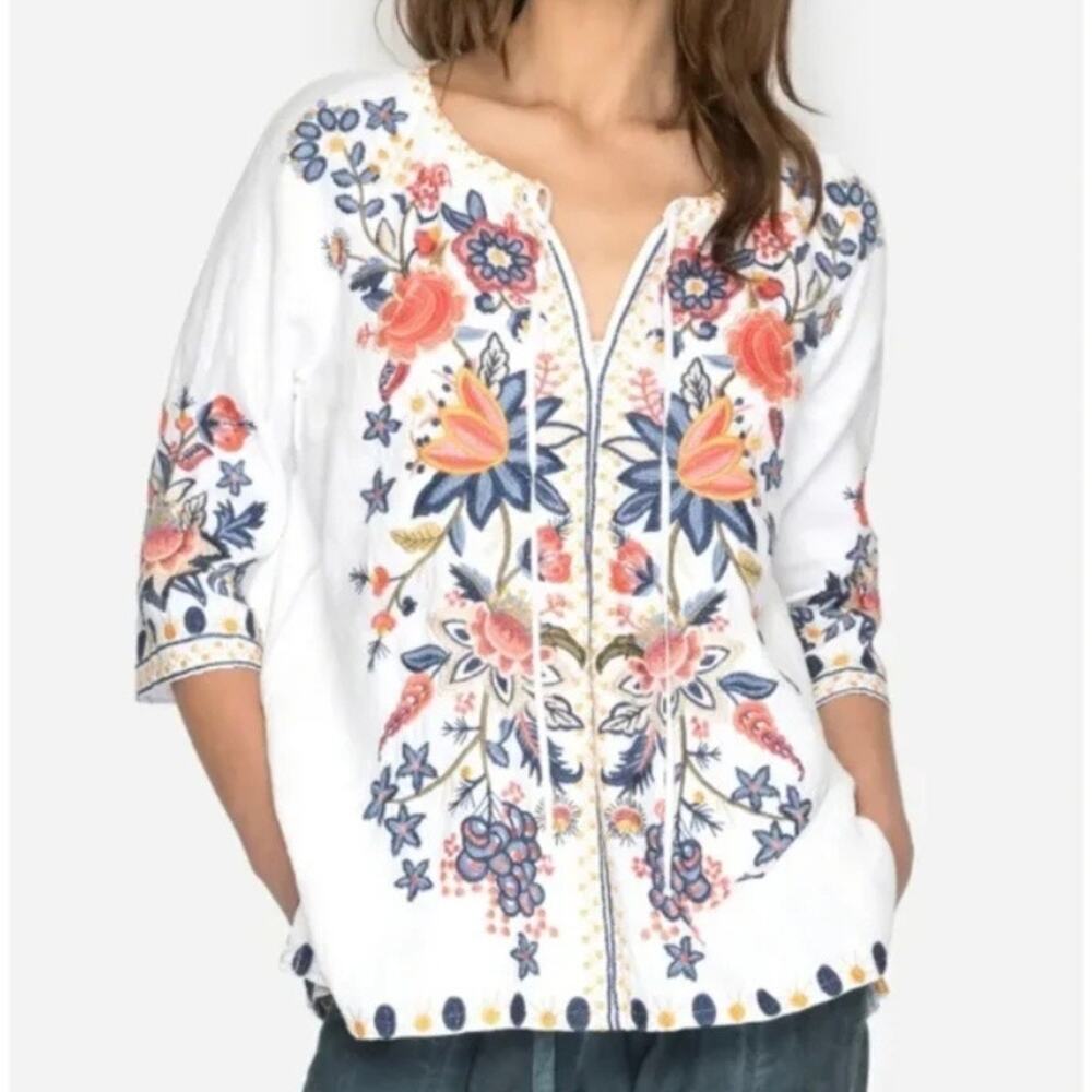 Johnny Was Linen Tiwa Blouse Tunic Top Small Boho Floral Peasant White - Picture 4 of 15